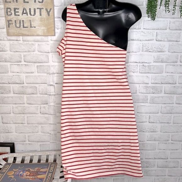 Anthropologie Maeve Marketa One-Shoulder Dress Red White Stripes Size Medium - Picture 6 of 12